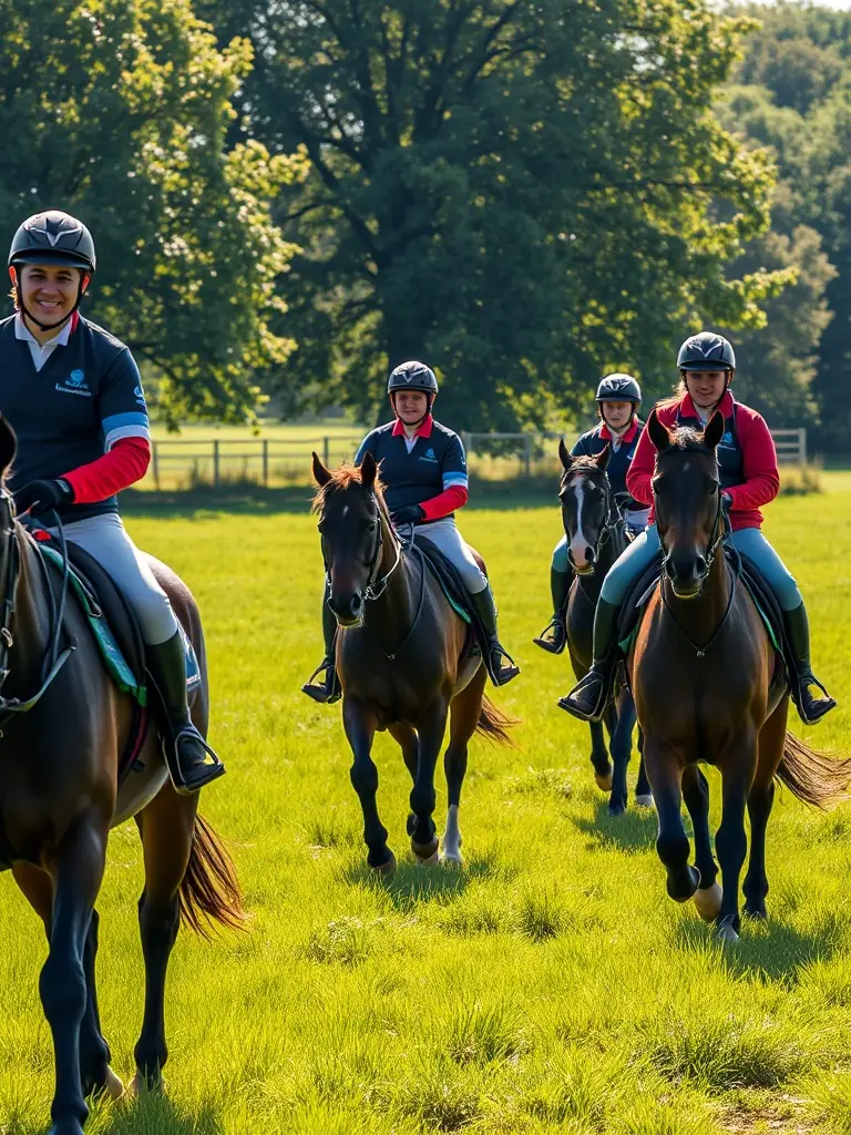 A group of riders and their horses participating in an endurance equestrian training session in a lush, green field, with a focus on teamwork and skill development.