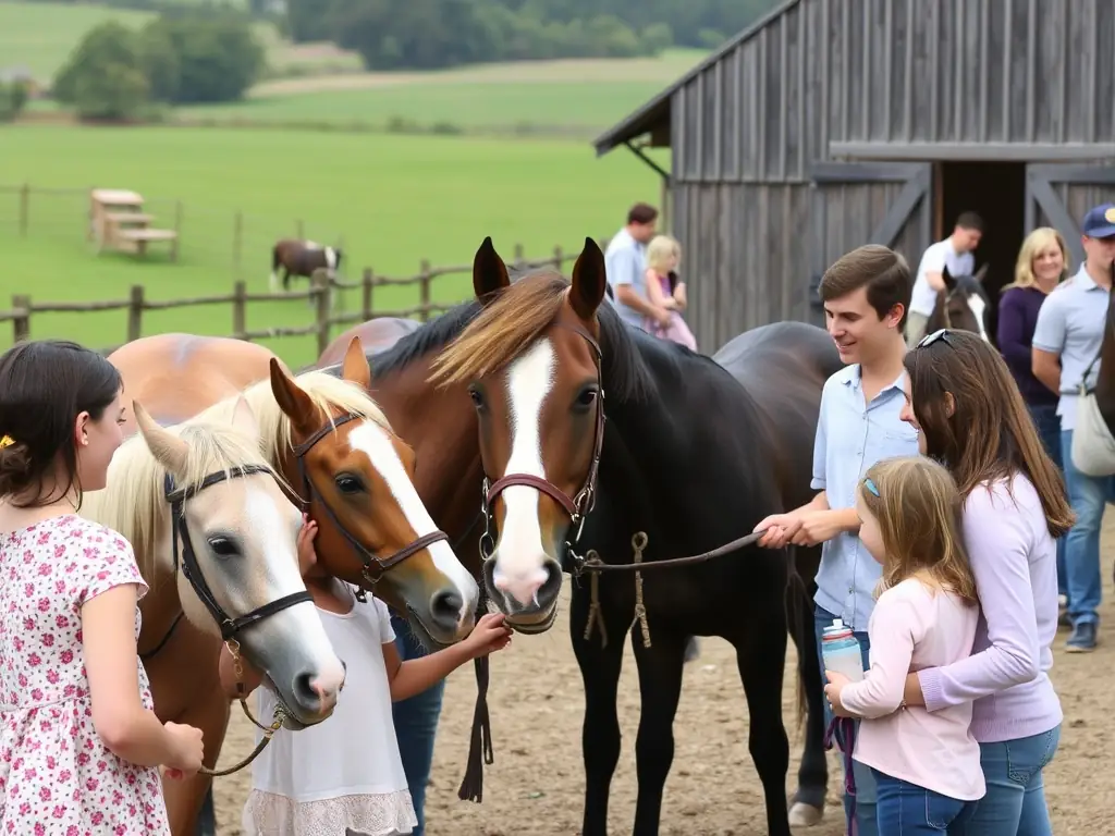 A community event with riders and their families enjoying a day of equestrian activities and socializing.