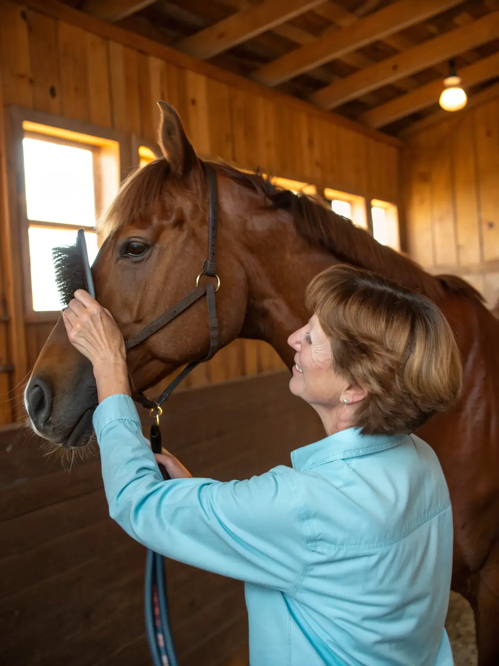 A close-up image of a horse being cared for after a training session, highlighting the bond between the rider and the animal. The scene includes grooming, feeding, and veterinary care.