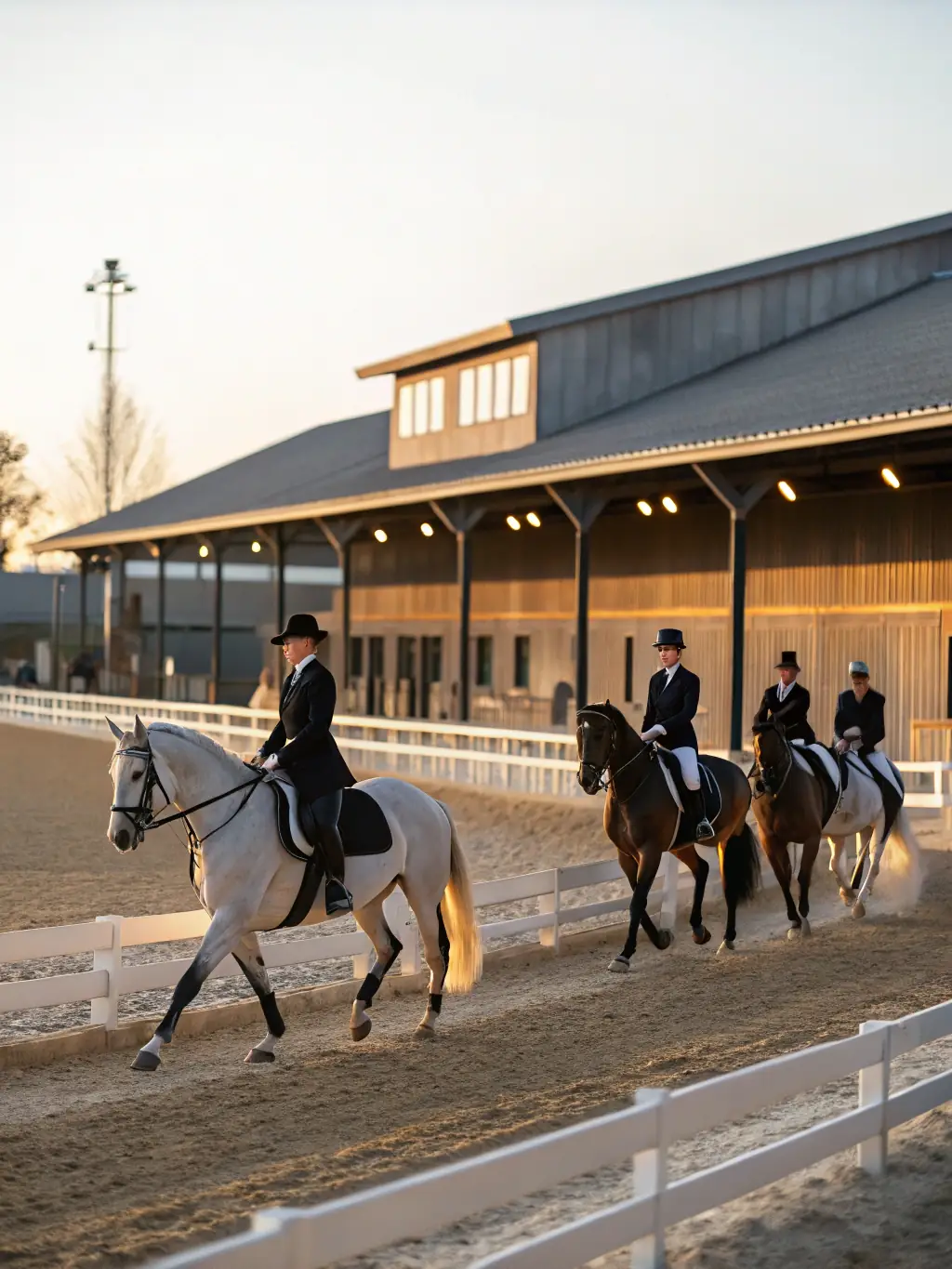 A photograph capturing a group of riders participating in an endurance equestrian training session in a lush, green field. The focus is on the riders' posture and the horses' gait, showcasing the harmony between them.