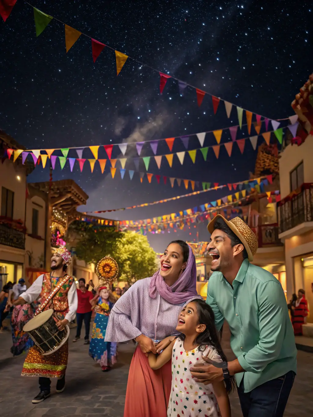 A vibrant image of a community event organized by DEMANGE A CHEVAL, featuring families, riders, and horses interacting in a friendly and festive atmosphere. The scene includes various stalls, games, and activities.