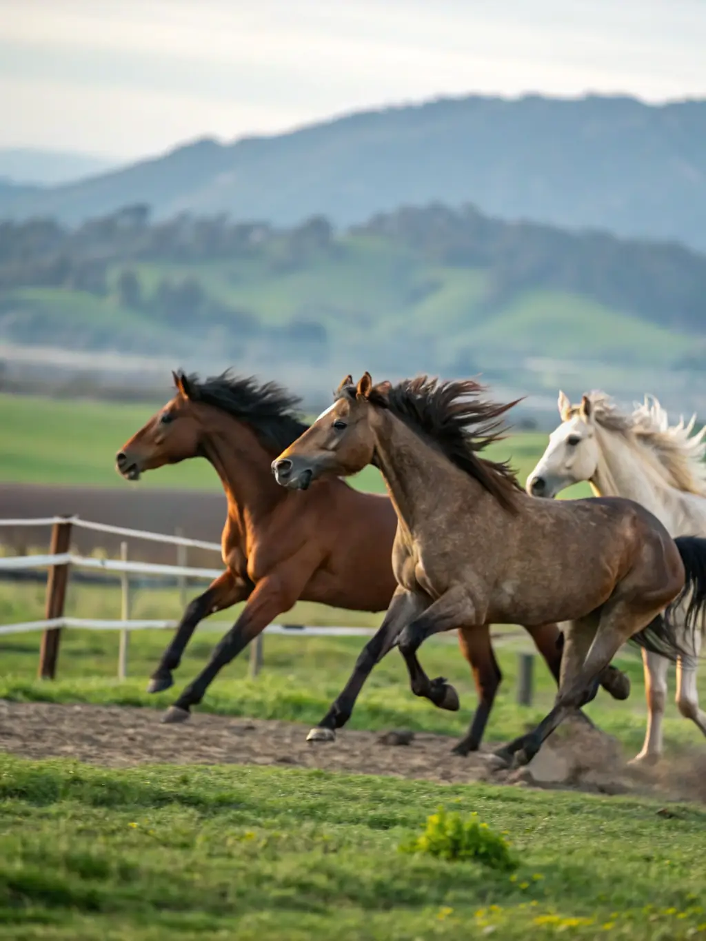 A dynamic shot of riders competing in an endurance equestrian competition, showcasing the speed, skill, and determination of the participants. The background features a scenic landscape with rolling hills and forests.