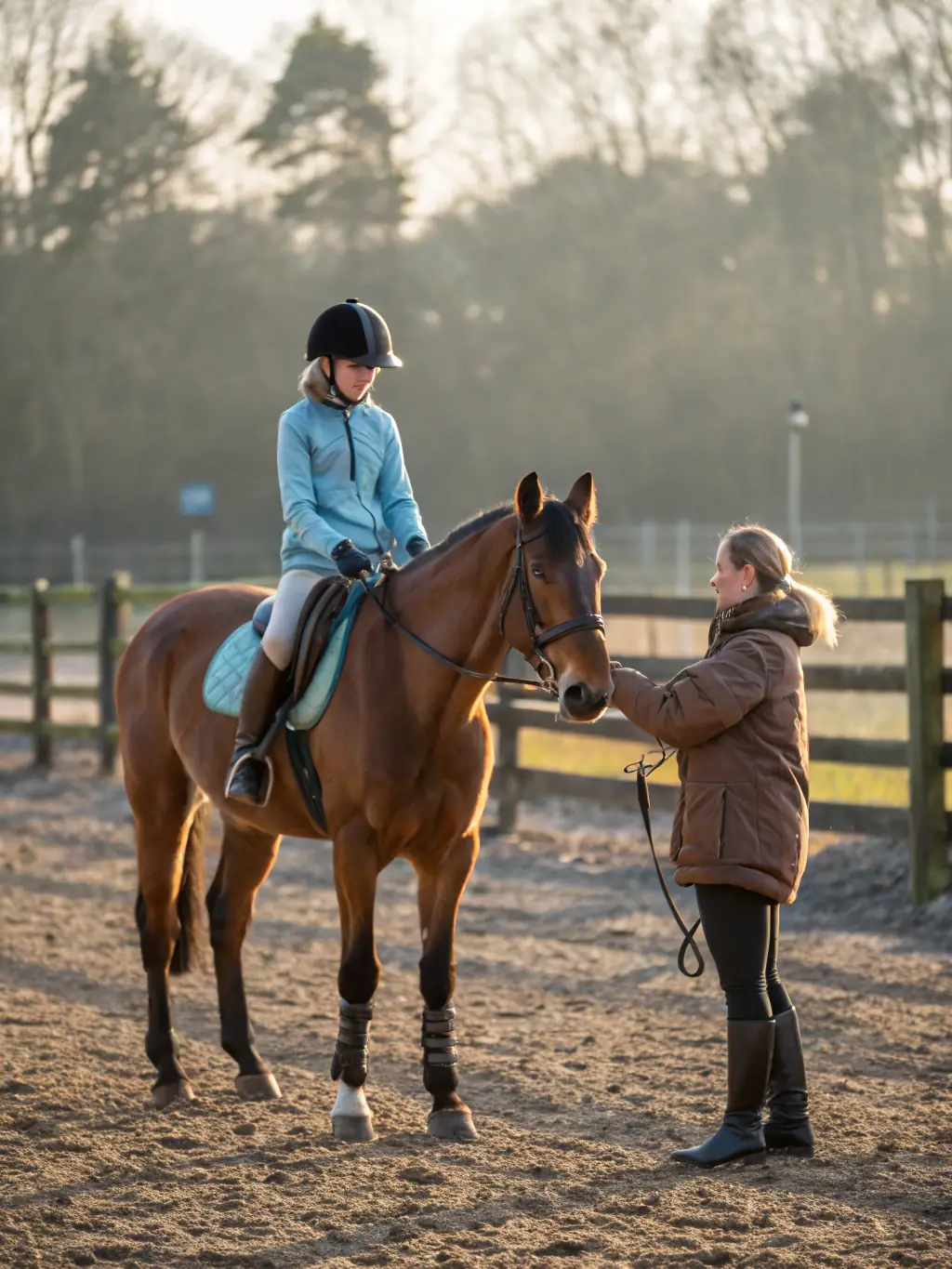 A focused image of a training session at DEMANGE A CHEVAL, with an instructor guiding a rider and horse through specific exercises to improve their skills.