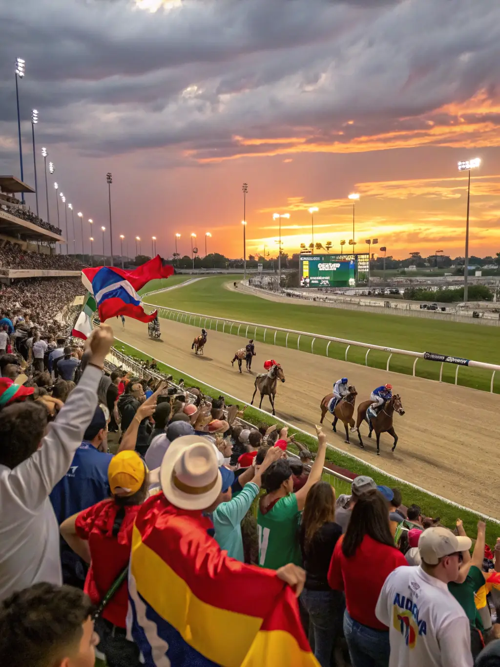 A vibrant scene from a DEMANGE A CHEVAL community event, showcasing riders and horses participating in a friendly competition, with spectators cheering them on.