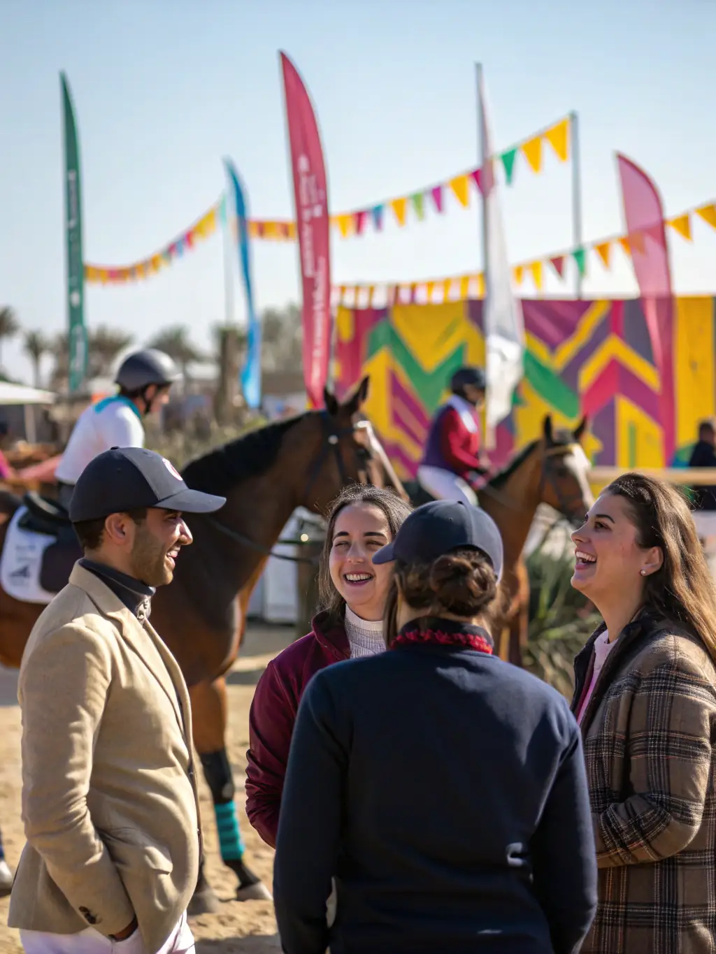 A heartwarming image of a community event organized by DEMANGE A CHEVAL, featuring families and riders enjoying a day of equestrian activities and socializing.
